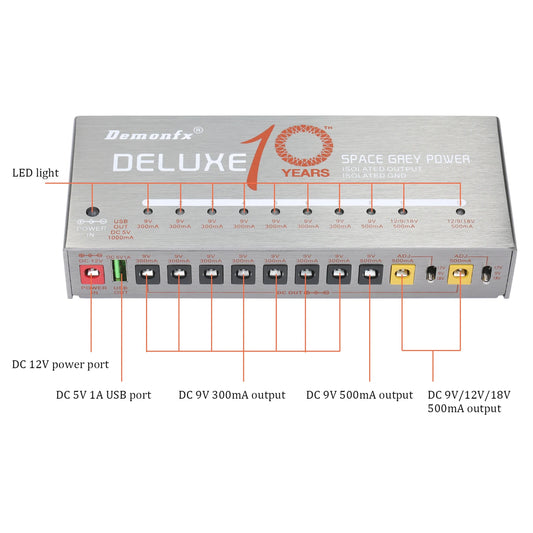 DEMONFX FONTE DE ALIMENTAÇÃO COM 10 SAÍDAS ISULADAS 9V/12V/18V USB